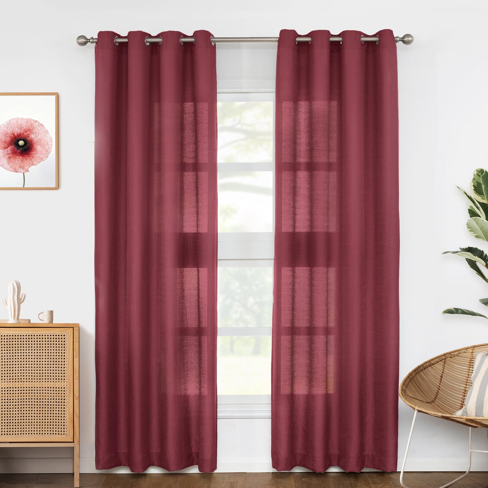 Melodieux Burgundy Semi Sheer Curtains 96 Inches Long for Living Room Bedroom Flax Linen Grommet Voile Drapes, 52 by 96 Inch (2 Panels)