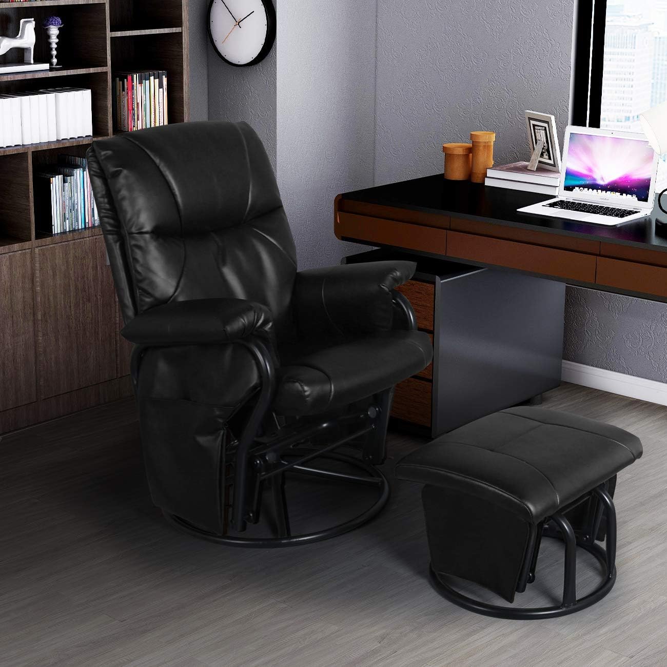 AODAILIHB Glider Chairs Rocking Chair with Ottoman 360° Swivel Chair PU Leather Upholstered Armchair Lounge Chair Sliding Chair Set (Black) : Home & Kitchen
