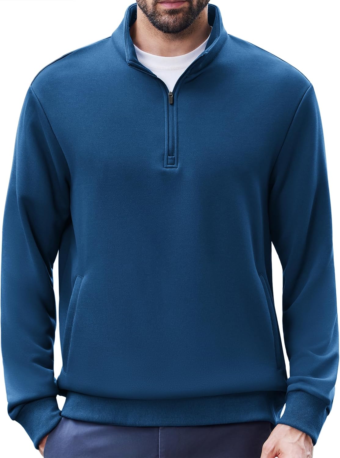 PINSPARK Mens Quarter Zip Pullover Long Sleeve Mock Neck Sweatshirts with Pockets Thermal Midweight Polo Shirt Relaxed Fit