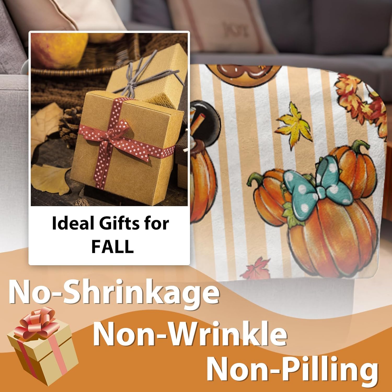 Fall Pumpkin Flannel Blanket, Autumn Thanksgiving Throw Blanket Birthday Gifts for Kids Men Women, Coffee Wreath Doughnut Stripes Soft Blanket for Bedding Sofa 50 x 60 Inch