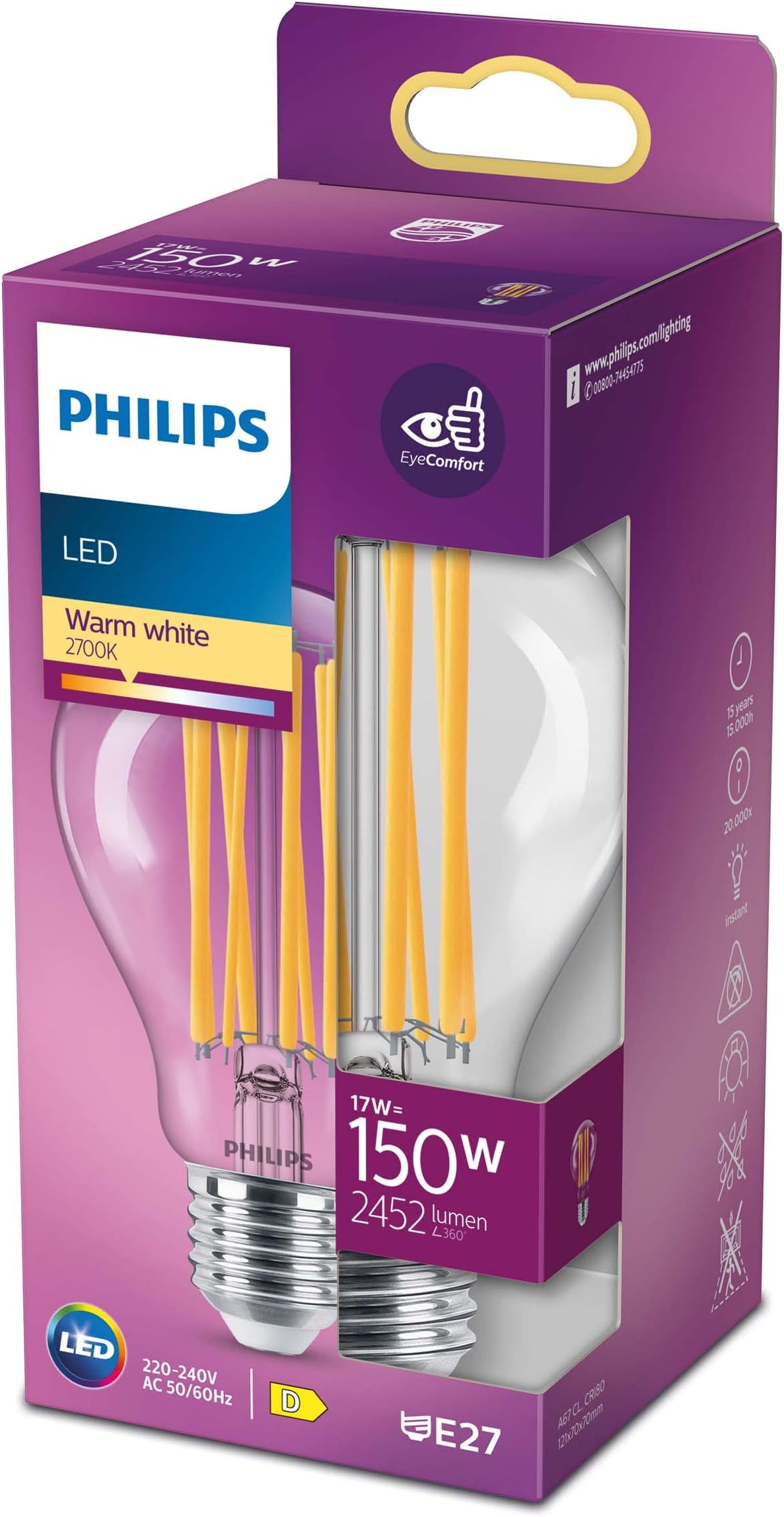 LED Premium Classic A67 Clear Light Bulb [E27 Edison Screw] 17W - 150W Equivalent, Warm White (2700K), Non-Dimmable.