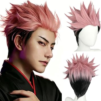 JoneTing Short Pink Black Wig +Hair Cap+Tatto Sticker Pink Ombre Black Wig Short Wavy Pinky Blacked Fluffy Wig for Halloween Peluca Rosa Ombre Chrismas Party