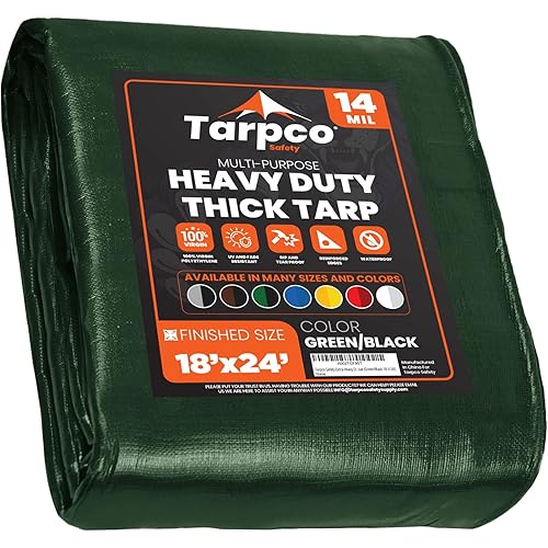 Tarpco Safety Extra Heavy Duty 14 Mil Tarp Cover, Waterproof, UV Resistant, Rip and Tear Proof, Poly Tarpaulin with Reinforced Edges for Roof, Camping, Patio, Pool , Boat (Green/Black 18′ X 24′)