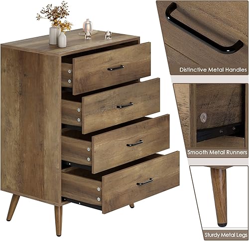Miniatura 6 de HITHOS Cómoda moderna de mediados de siglo con 4 cajones cómoda de madera con almacenamiento cómoda de dormitorio con asas gabinete de