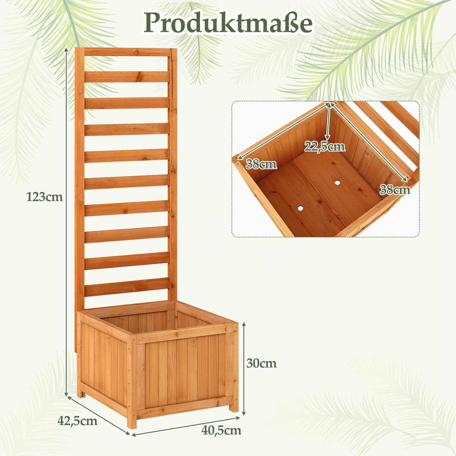 COSTWAY Blumenkasten mit Rankgitter, Pflanzkasten für Kletterpflanzen, Pflanzkübel mit Sichtschutz, Hochbeet mit Spalier, Liner, Ablauflöchern, Blumenkübel für Garten Balkon, Holz, 123 cm hoch, Orange