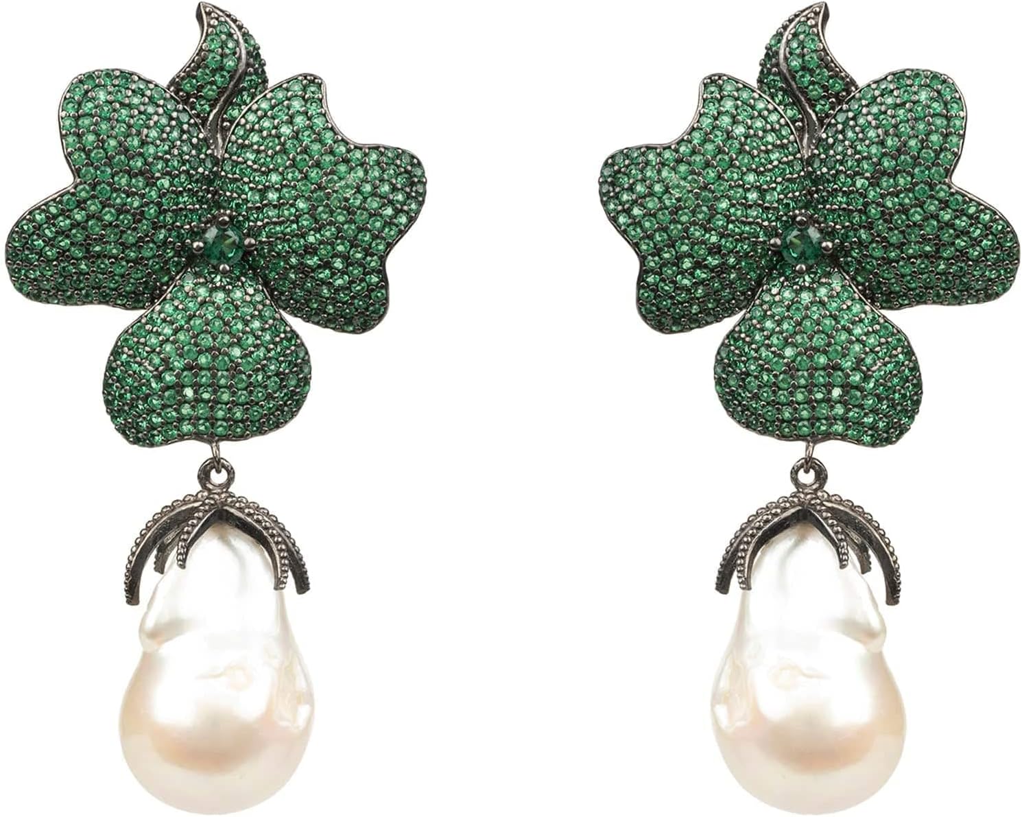 Baroque pearl green flower earrings, oxidised