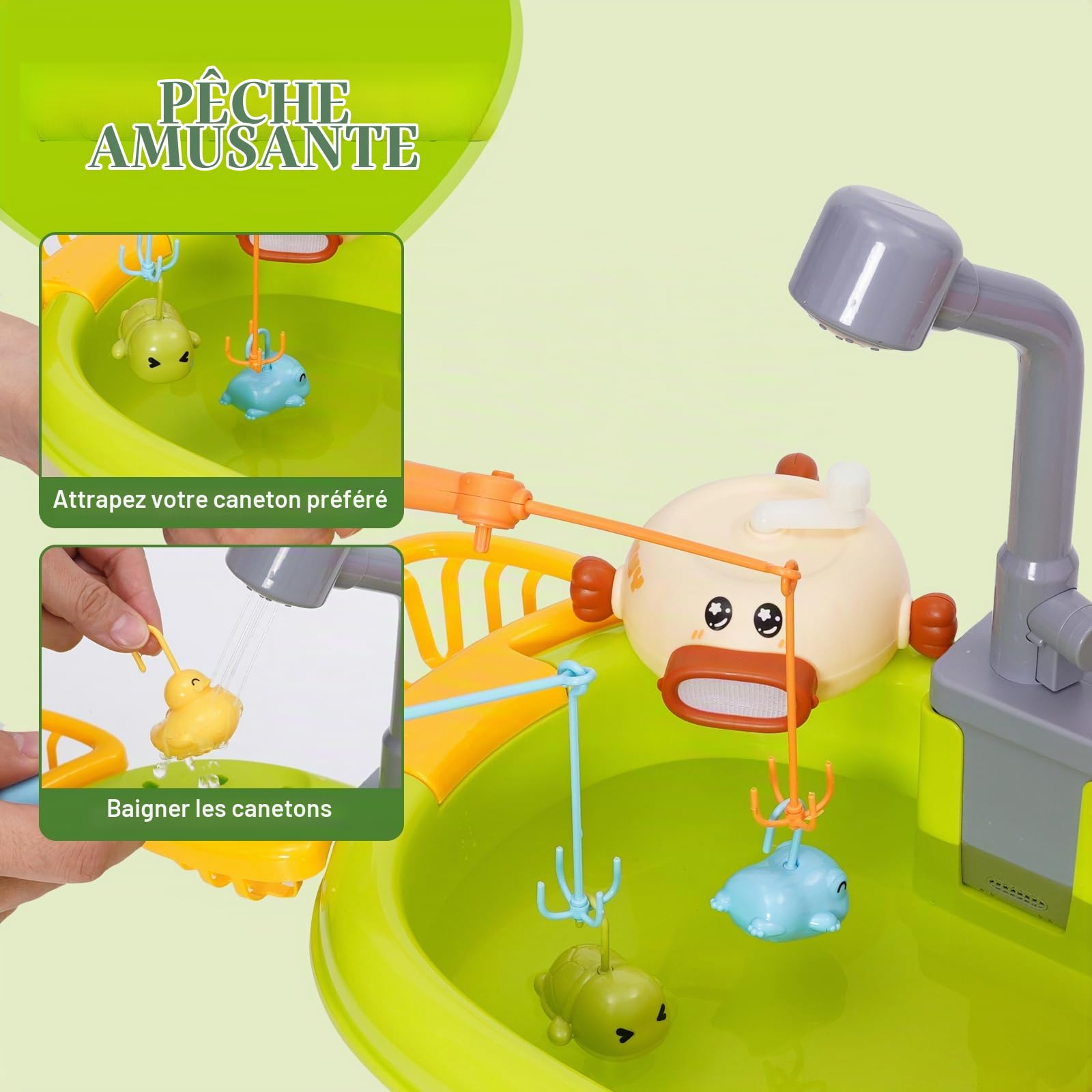 Jouet évier de Cuisine avec Eau Courante,Ensemble de Jeu de Cuisine avec Jeu de Pêche,Machine à Bulles,Canard Tournant,Jouets de Simulation et Jeux de rôle pour Garçons et Filles