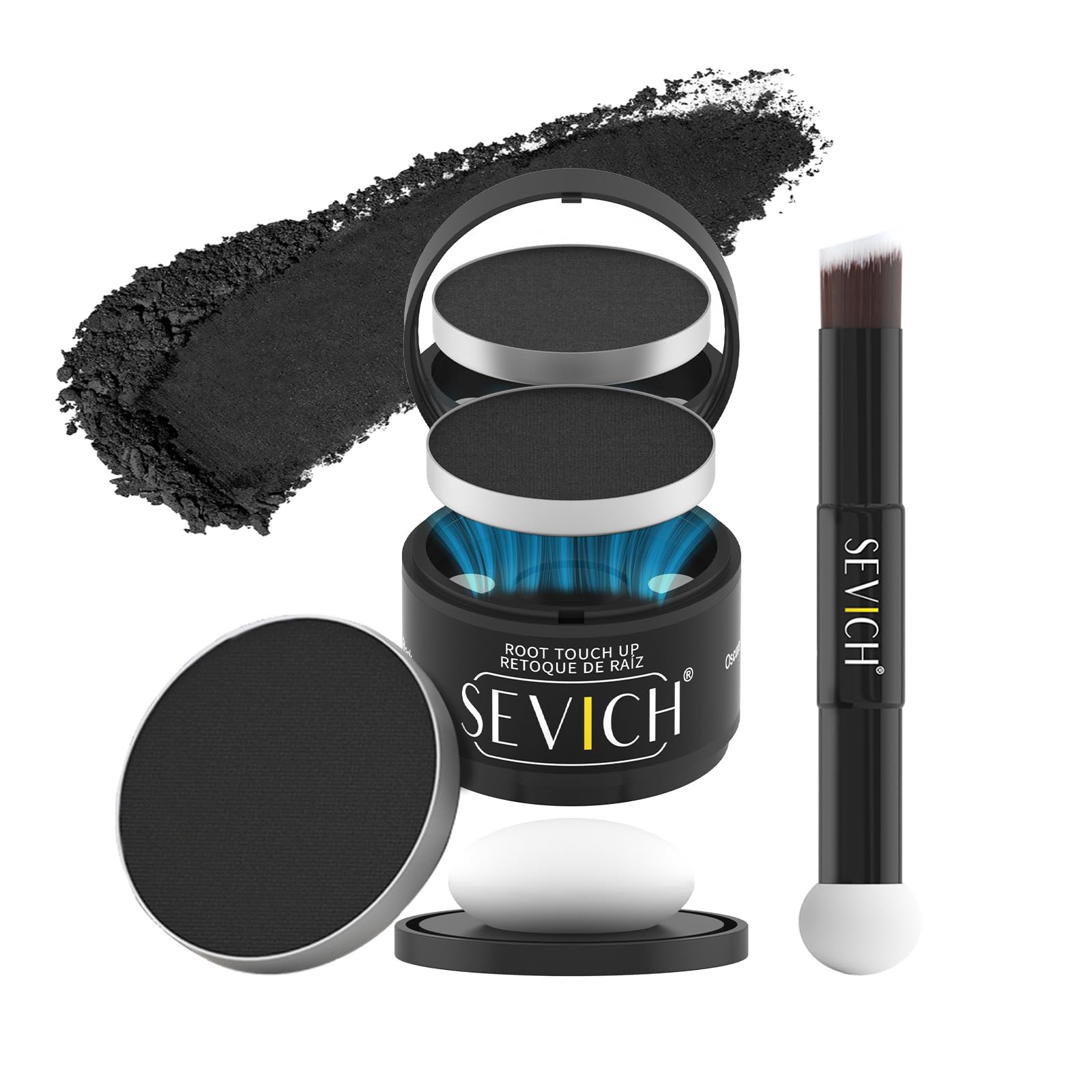 SEVICH Magnetic Refillable Hair Root Touch Up Powder, Waterproof Gray Coverage & Hairline Concealer with Dual Brush, Black