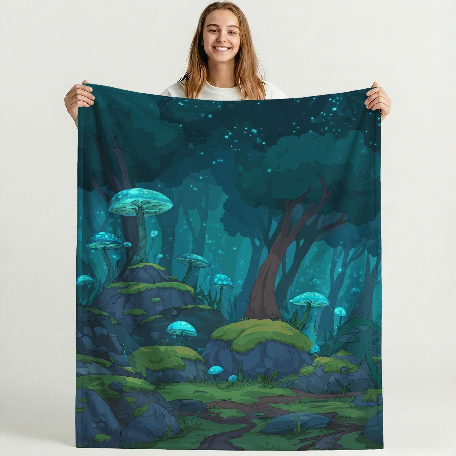Generisch Koc polarowy, cyjan, zielony, kreskówka, fantazyjny las, grzyb, 150 x 200 cm, koc na kanapę, puszysty koc z mikrofibry, narzuta na łóżko, sofę
