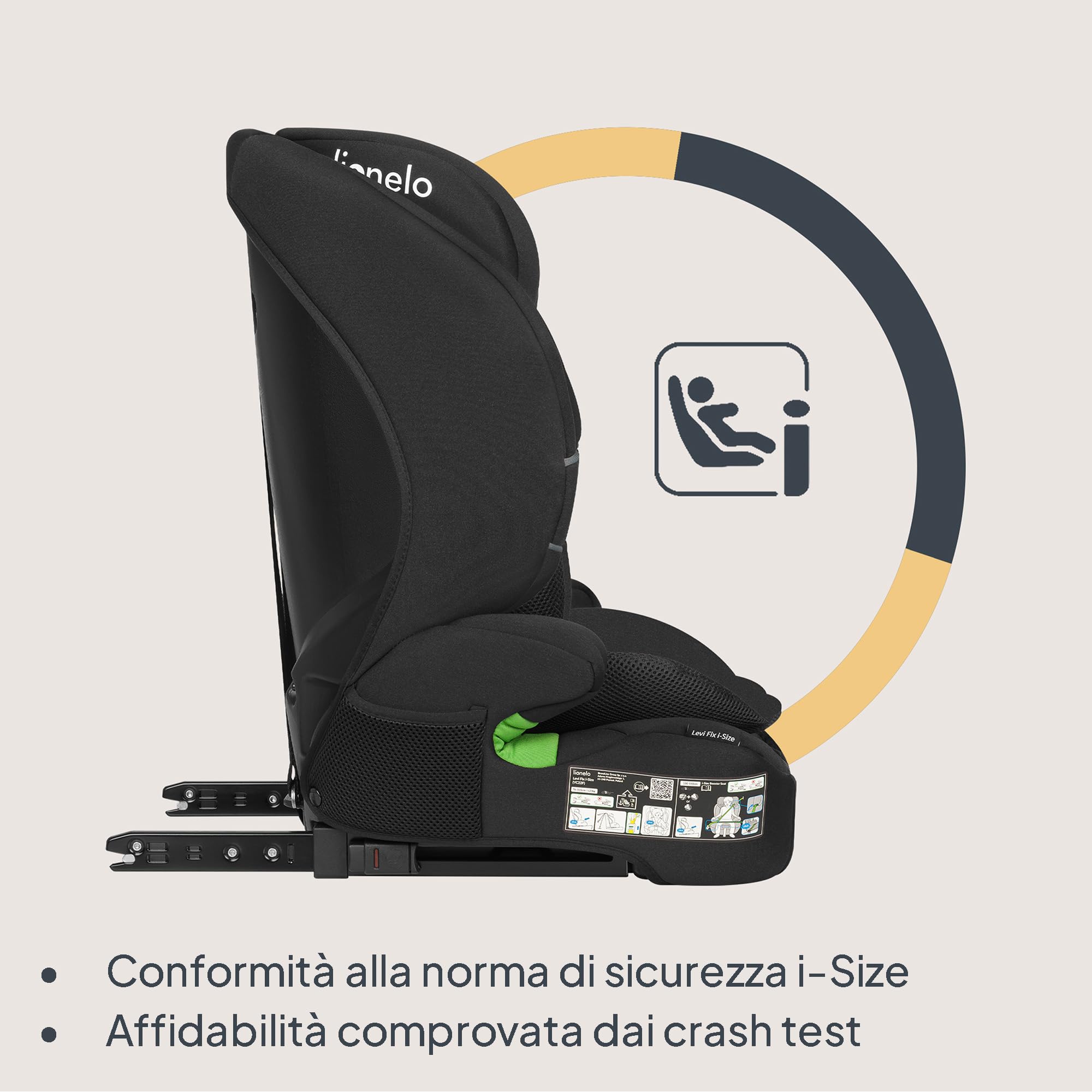 LIONELO Seggiolino auto LEVI FIX I-SIZE con ISOFIX per bambini 76-150 cm fino a 36kg Gruppo 1/2/3 Protezione laterale 10 Livelli di regolazione del poggiatesta, Top Tether, Ampio e comodo (Nero)