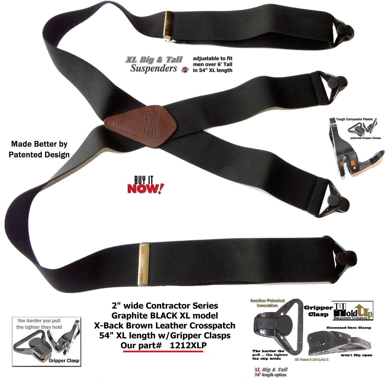 Hold-Up - Tirantes de contratista de 2 pulgadas para hombre con clips de