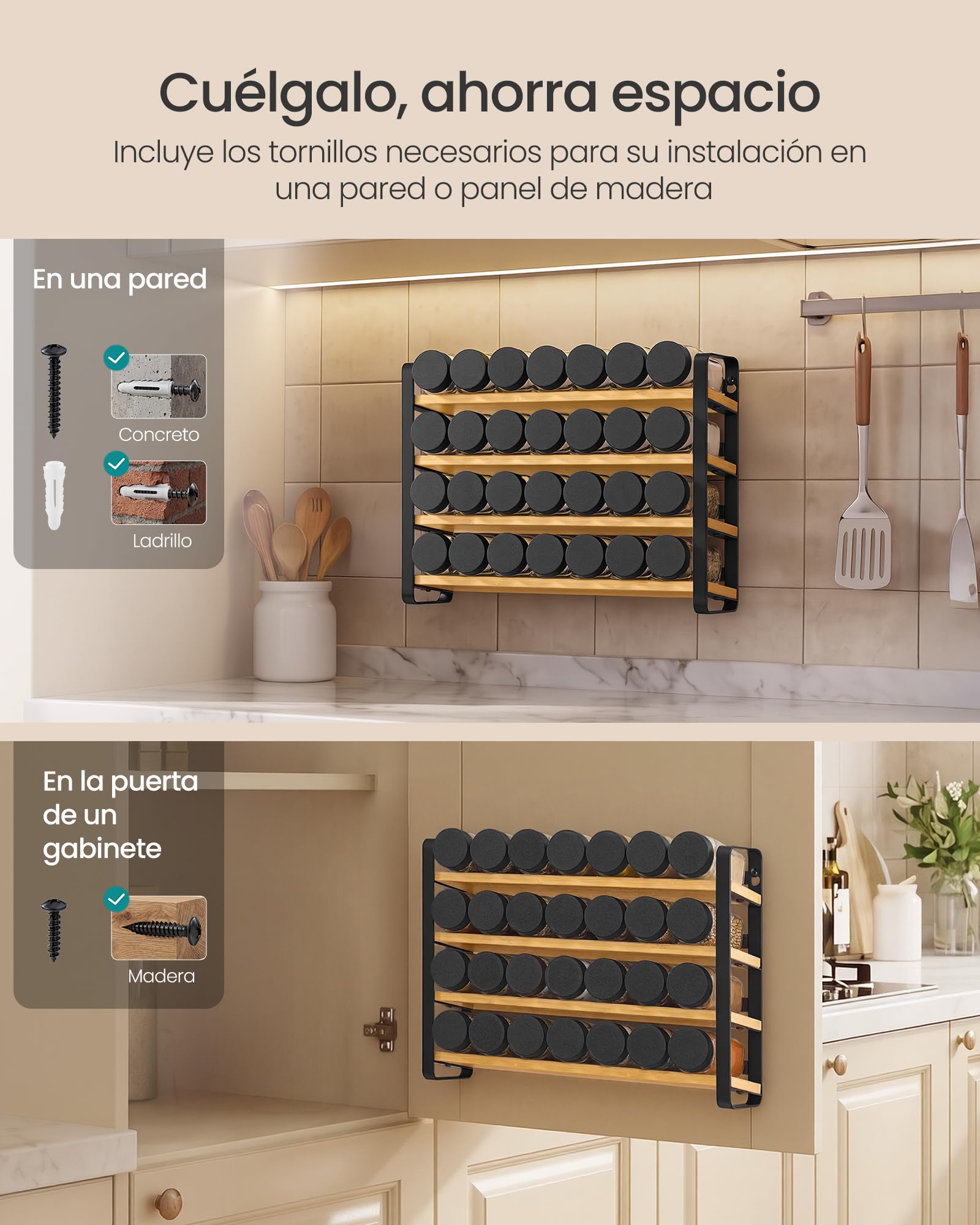 SONGMICS Especiero, Organizador de Especias de Bambú y Acero, Estante con 28 Botes de Cristal, 35 x 9 x 26 cm, Negro y Natural, para Pared y Encimera de Cocina Colección Bystro KCS064B101