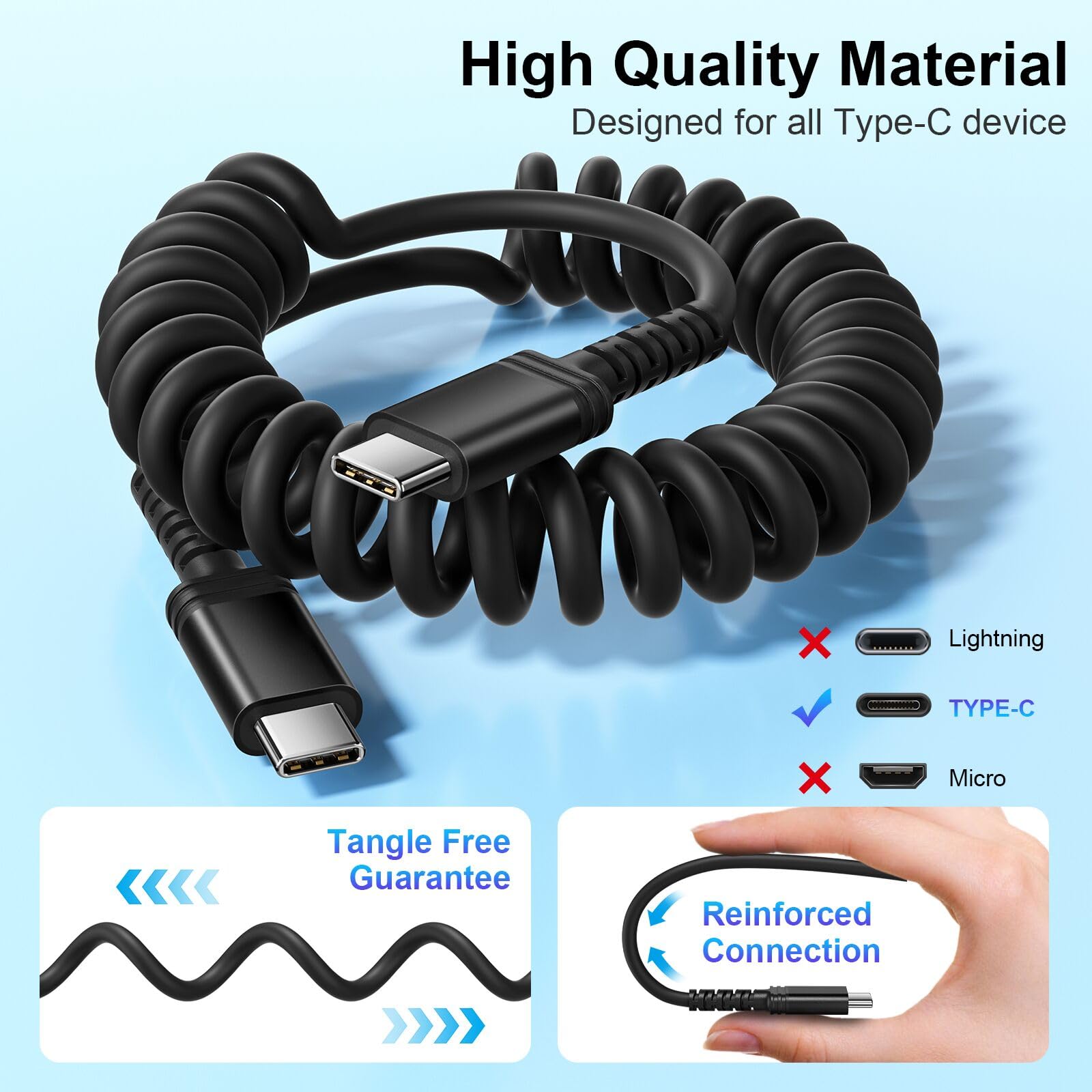 Cable de carga USB C a USB C, paquete de 4 cables de carga USB C en espiral para coche, cable de carga rápida tipo C a C de 6 pies de largo para teléfono/Android Auto/iPhone Samsung Galaxy/Carplay
