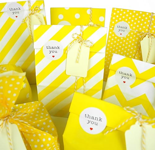 Miniatura 4 de SMINTINE Paquete de 30 bolsas de papel amarillo con calcomanías de agradecimiento, etiquetas de papel, hilo de algodón amarillo y blanco, 5 x 3 x 9