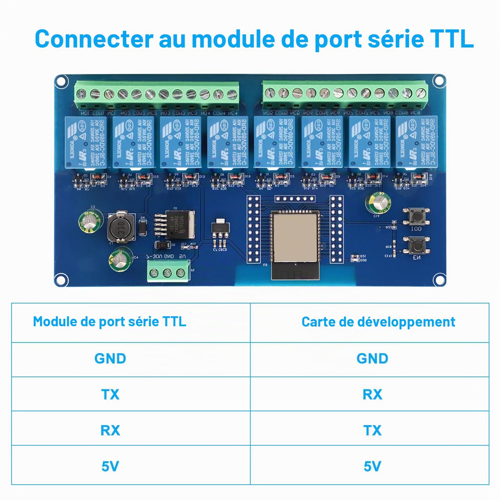 ESP Module relais 8 canaux – WiFi Bluetooth BLE avec carte de développement ESP, alimentation DC5-30 V pour Arduino IDE (LC Relay-ESP-8R-D5)