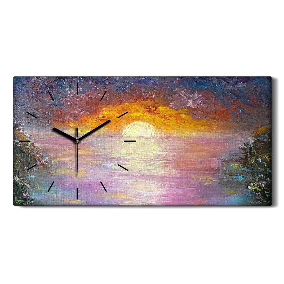 Horloge sur Toile 60x30cm Silencieuse pour Salon - Peindre au Coucher du Soleil