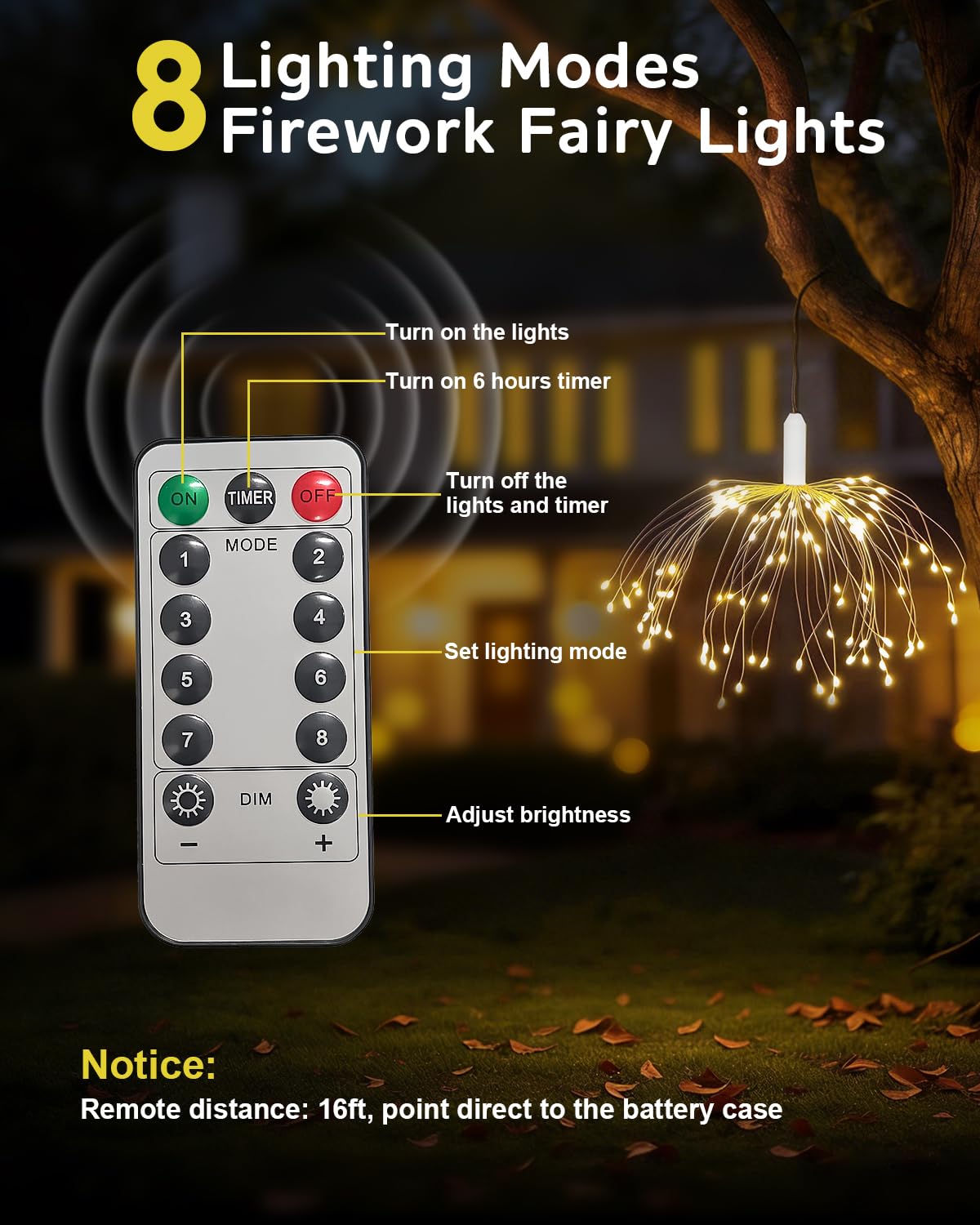 FOOING Luces de Fuegos Artificiales LED 120 LEDs, Guirnalda Colgante a Pilas con 8 Modos, Luces Decorativas para Navidad, Fiesta, Bodas, Ventanas, Jardín y Exterior