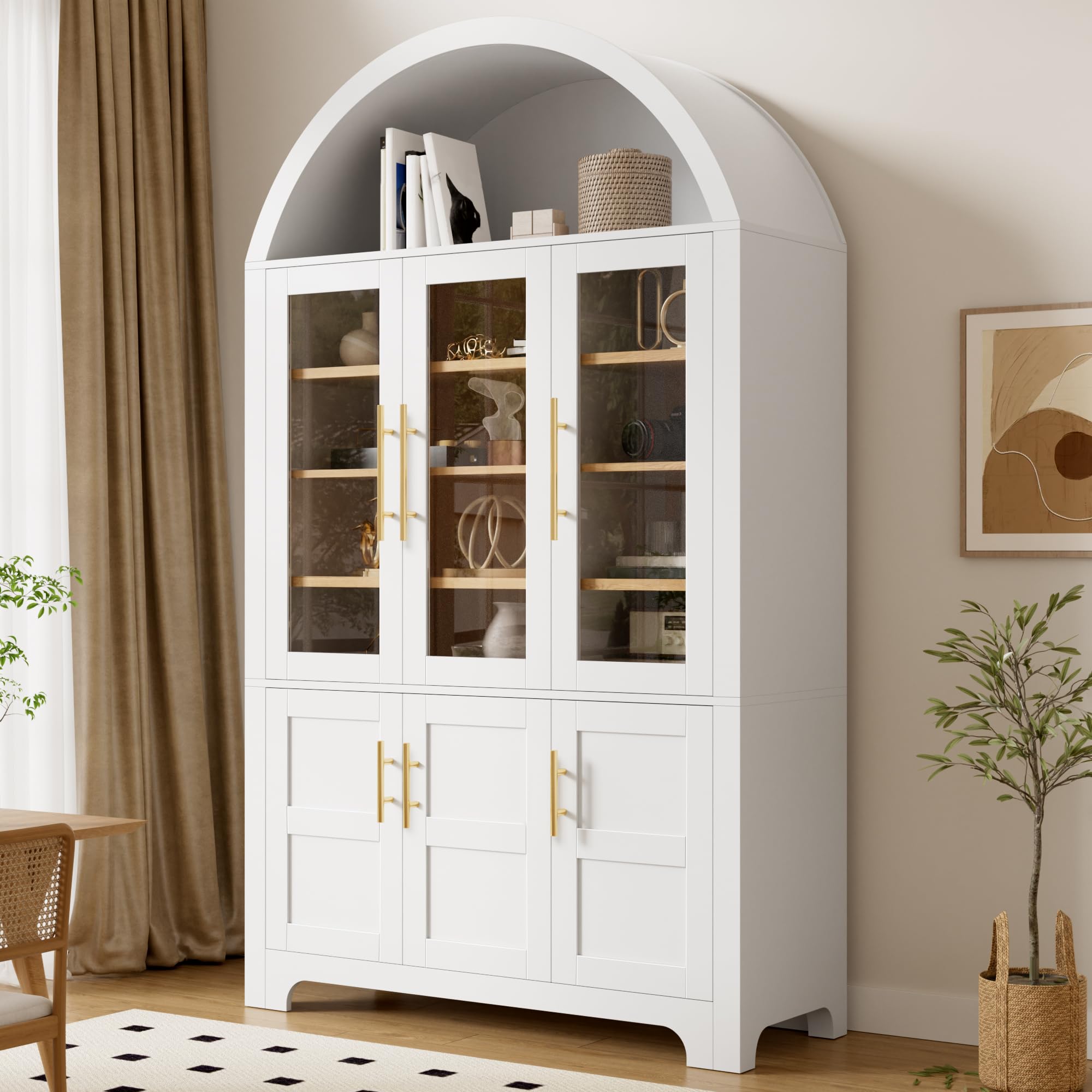 Credenza moderna verticale, PB+MDF, nicchia ad arco superiore, 3 vetrine in vetro, 3 scomparti chiusi, ripiani regolabili, maniglie in alluminio, armadio multifunzione per la casa, bianco