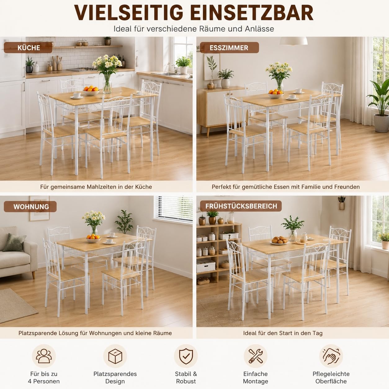 Essgruppe für 4 Personen, 4 Stühle, Esstisch 109x69 cm | 5-teilige Essgruppe mit Metallgestell und Holzoptik, ideal für Küche, Esszimmer, Wohnung und kleine Räume.