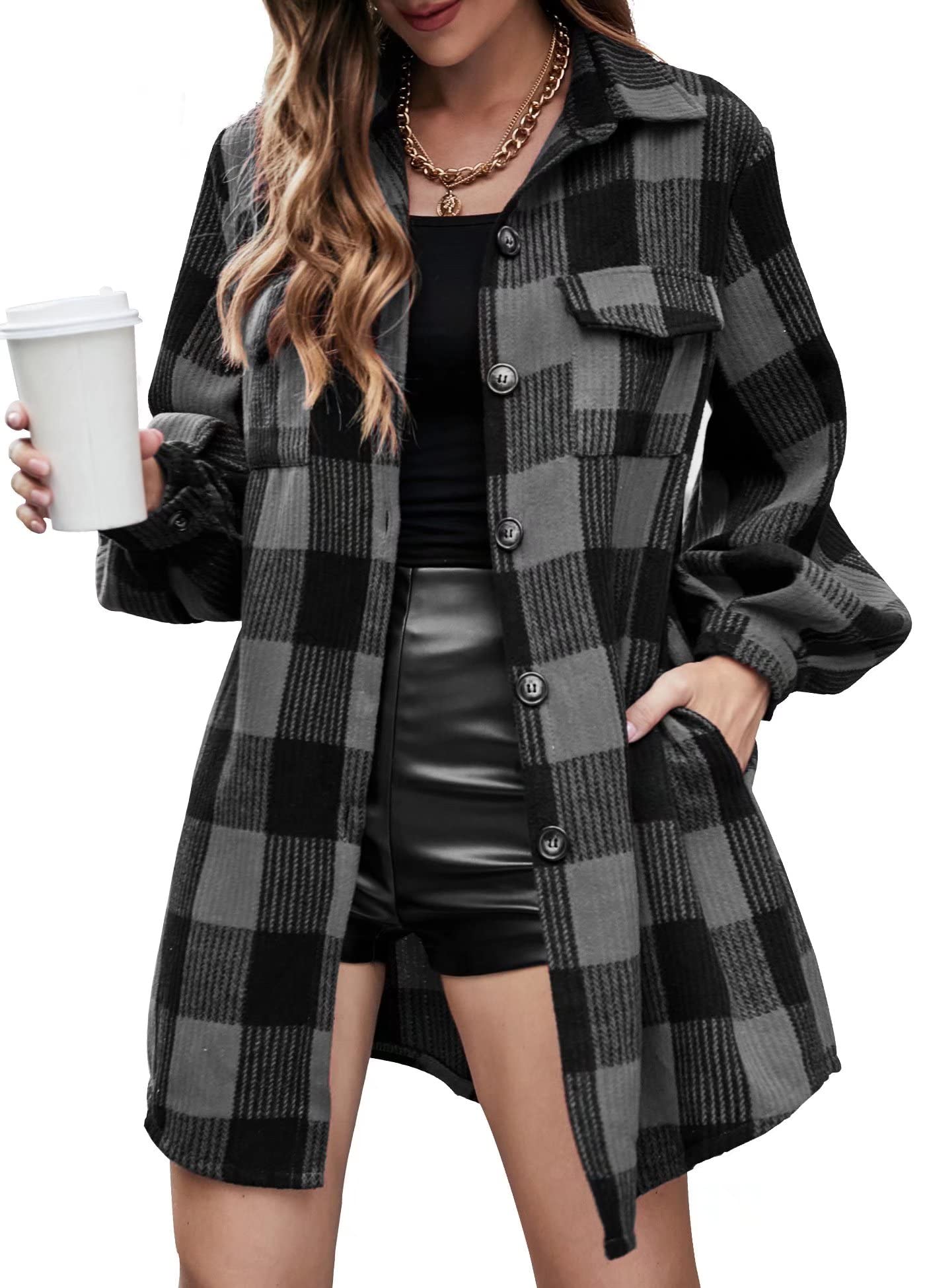 Womens Plaid Flannel Shacket Wrap Jacket Casual Fall Button Down Shirts Long Lantern Sleeve Coats with Pockets