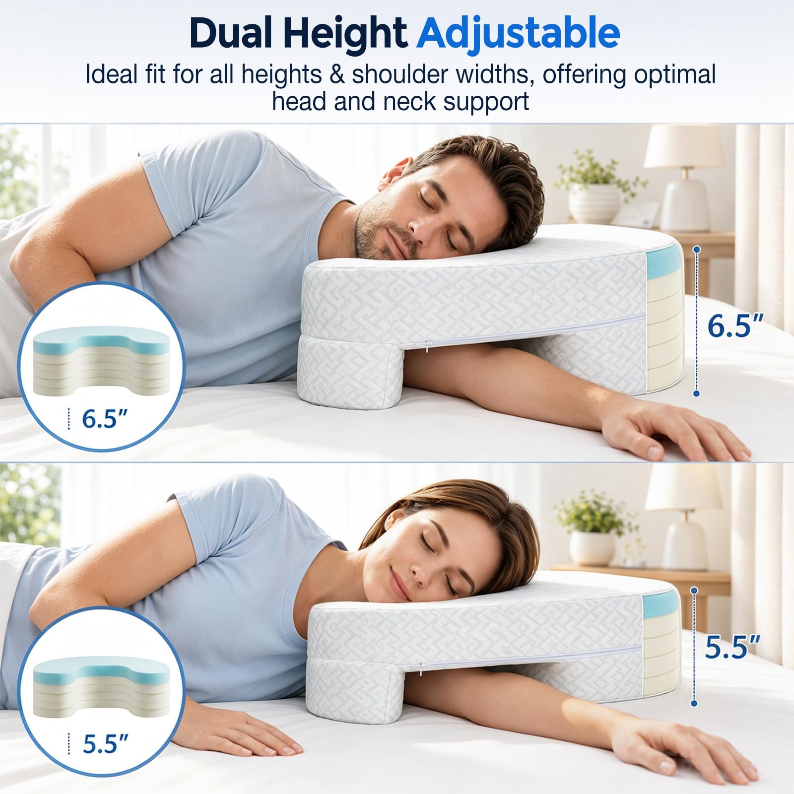 Cuscino per chi dorme sul fianco con foro per le braccia, cuscino ortopedico in memory foam, regolabile in altezza, per collo e spalle, cuscino ergonomico per chi dorme sul fianco, sulla schiena e