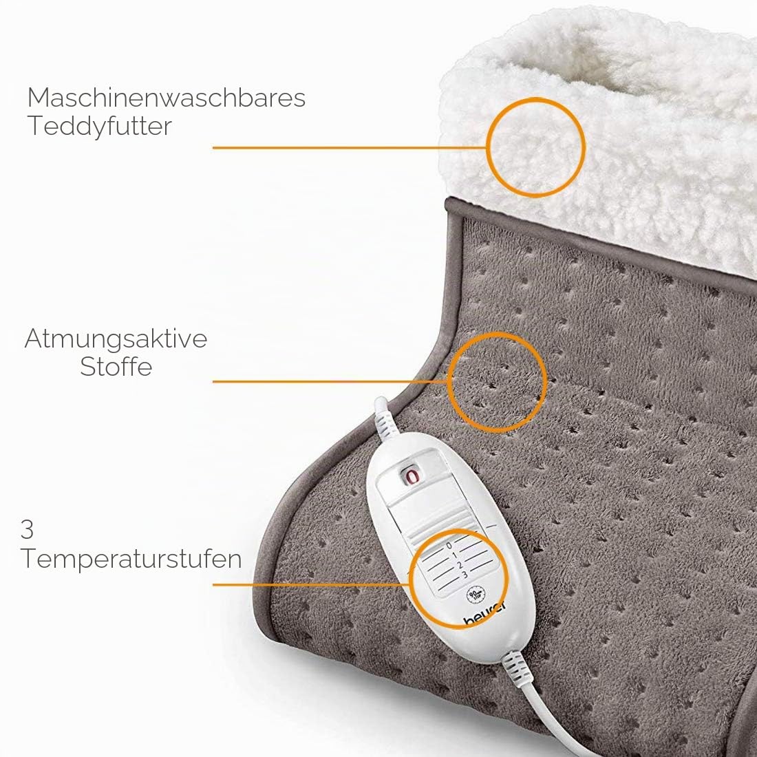 Beurer FW20UK Cosy Fußwärmer - Taupe | Elektrischer Fußwärmer für kalte Füße | 3 Temperaturstufen | Kuscheliges Teddyfleece-Futter | weich und atmungsaktiv | geeignet bis Schuhgröße 47 | waschbares