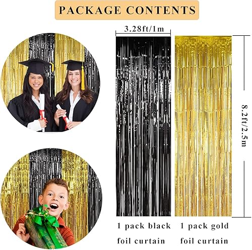 Miniatura 3 de Cortina de flecos de aluminio negro y dorado, 2 cortinas de oropel de 3.28 x 8.2 pies, telón de fondo de fotos para bodas, cumpleaños, despedidas de