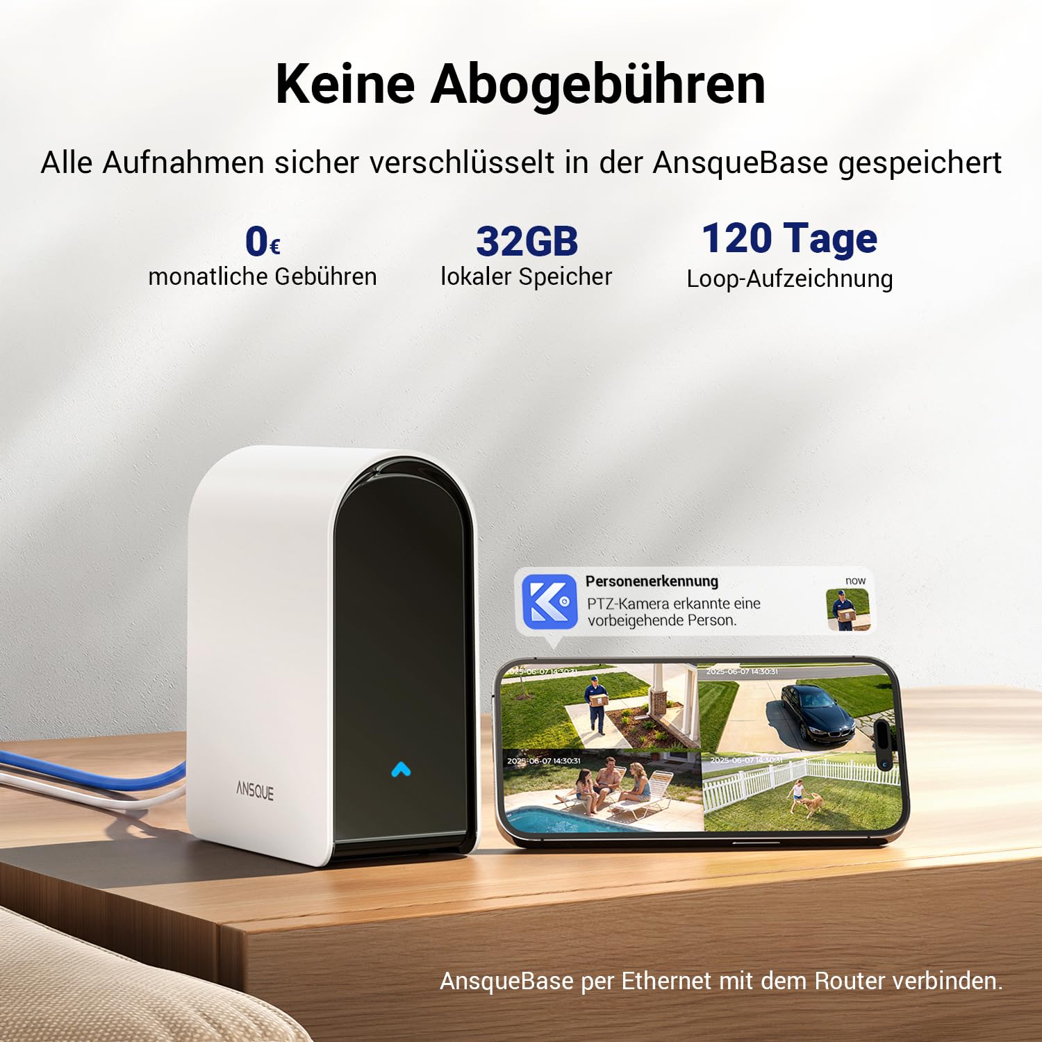 ANSQUE Überwachungskamera Außen Solar Akku, 4er Set mit AnsqueBase, Ohne Abonnement, 32GB Lokalspeicher, 360° Automatische Verfolgung, 2K Farb-Nachtsicht