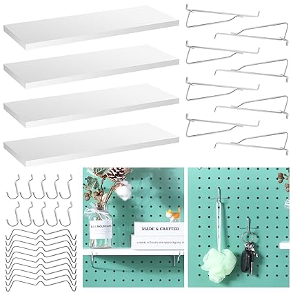 32 Pcs Pegboard Shelf Set 4 Wooden Pegboard Shelves with 8 Steel Pegboard Brackets and Pegboard Hooks, White Peg Board Shelves Pegboard Accessories for Wall Home Garage Storage Organizer