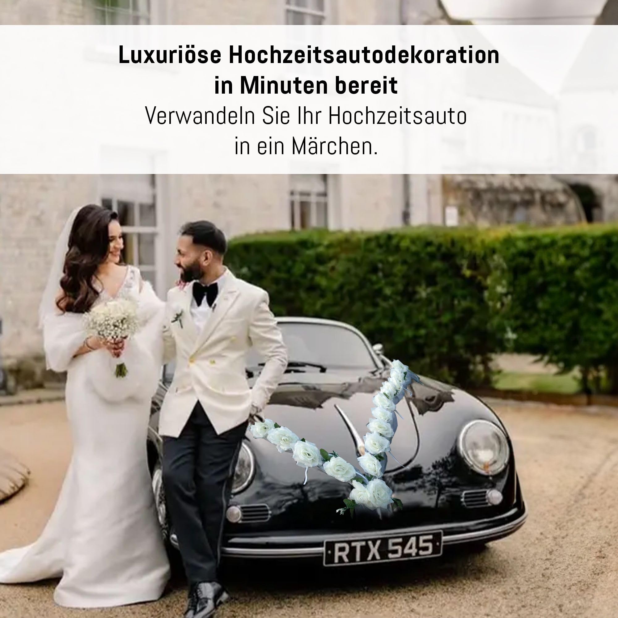 Rosen Girlande Braut Paar Rose Deko Dekoration Autoschmuck Hochzeit Car Auto Wedding ®Auto-schmuck Deko (Weiß/Weiß)