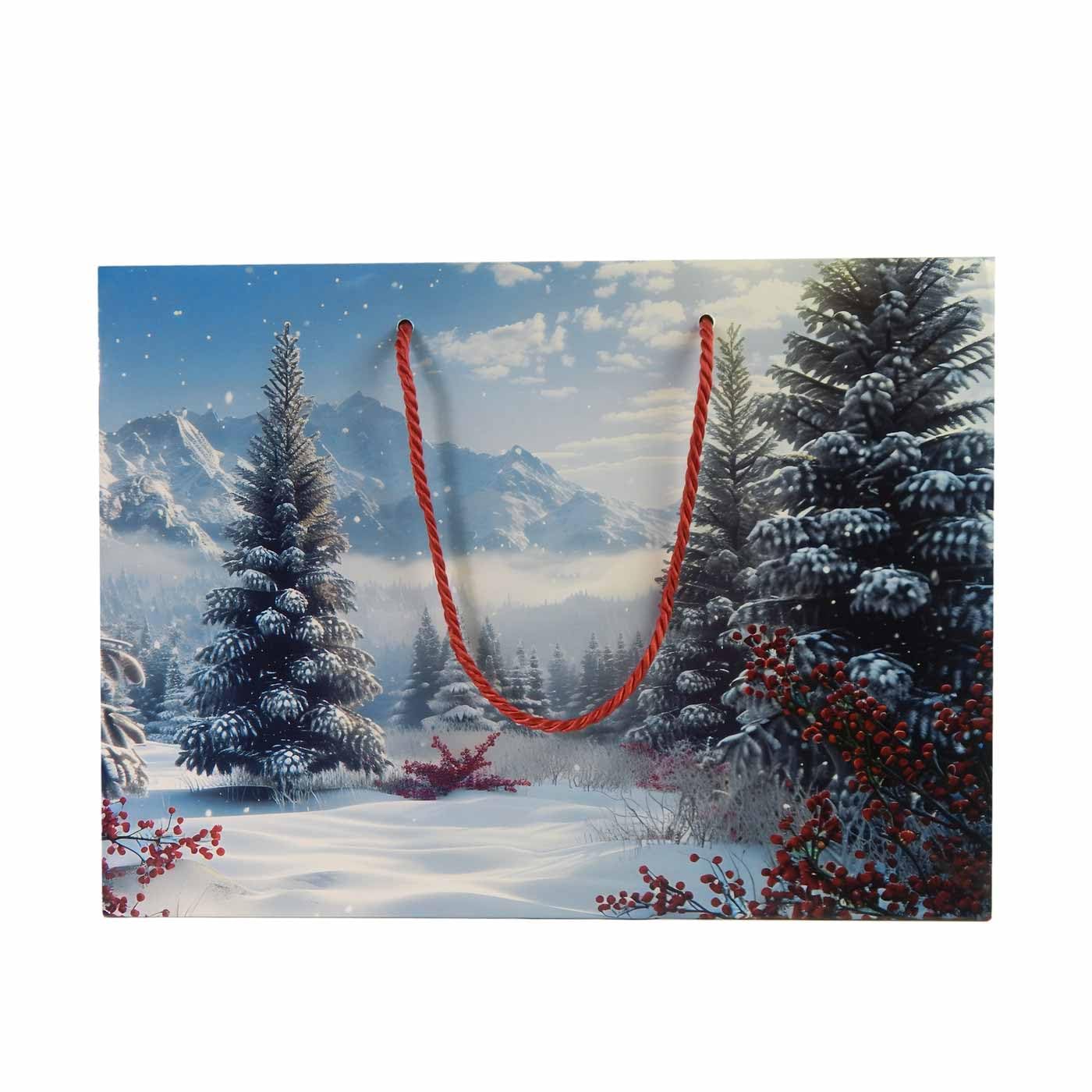 Papiertaschen Weihnachten - 25 Stück, Winterlandschaft 32+12x26 cm, hochwertige Weihnachtstüten für Geschenke mit edler Textilkordel rot | HUTNER