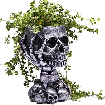 Skull Planter, Gothic Planters for Halloween Decorations Indoor/Outdoor Plants, Goth Flower Pots, Plant Pots, Skull Flower Pot, Plant Pot, Unique Vase with DrainageTall Black