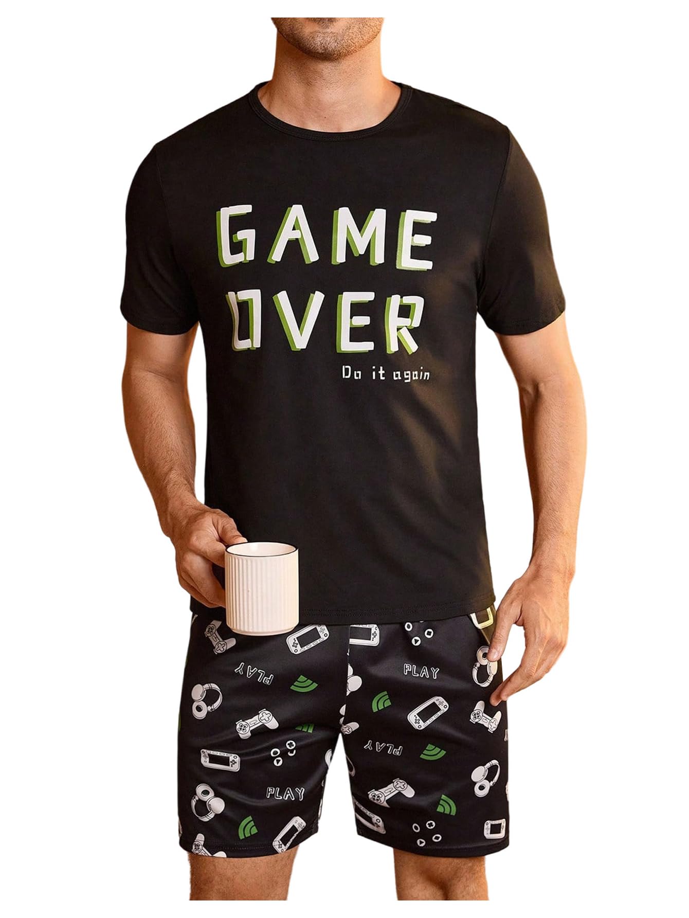 Verdusa Men's Pajamas Set 2 Piece Pjs Sets Short Sleeve Letter Print Tee and Short Lounge Set
