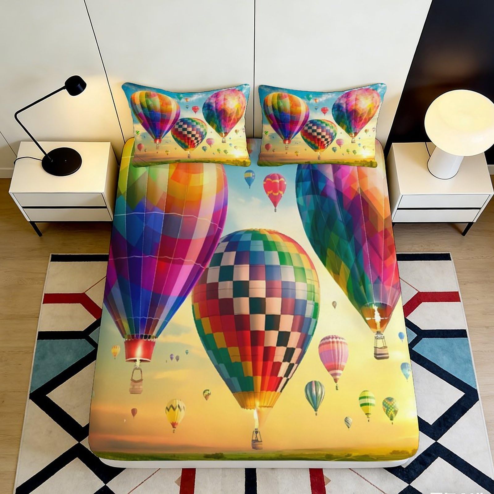 3D Printed Hot Air Balloon Fitted Sheet Microfiber Colourful Sky Mattress Cover for Bedroom Guest Room Dorm Decor 90x200x25cm