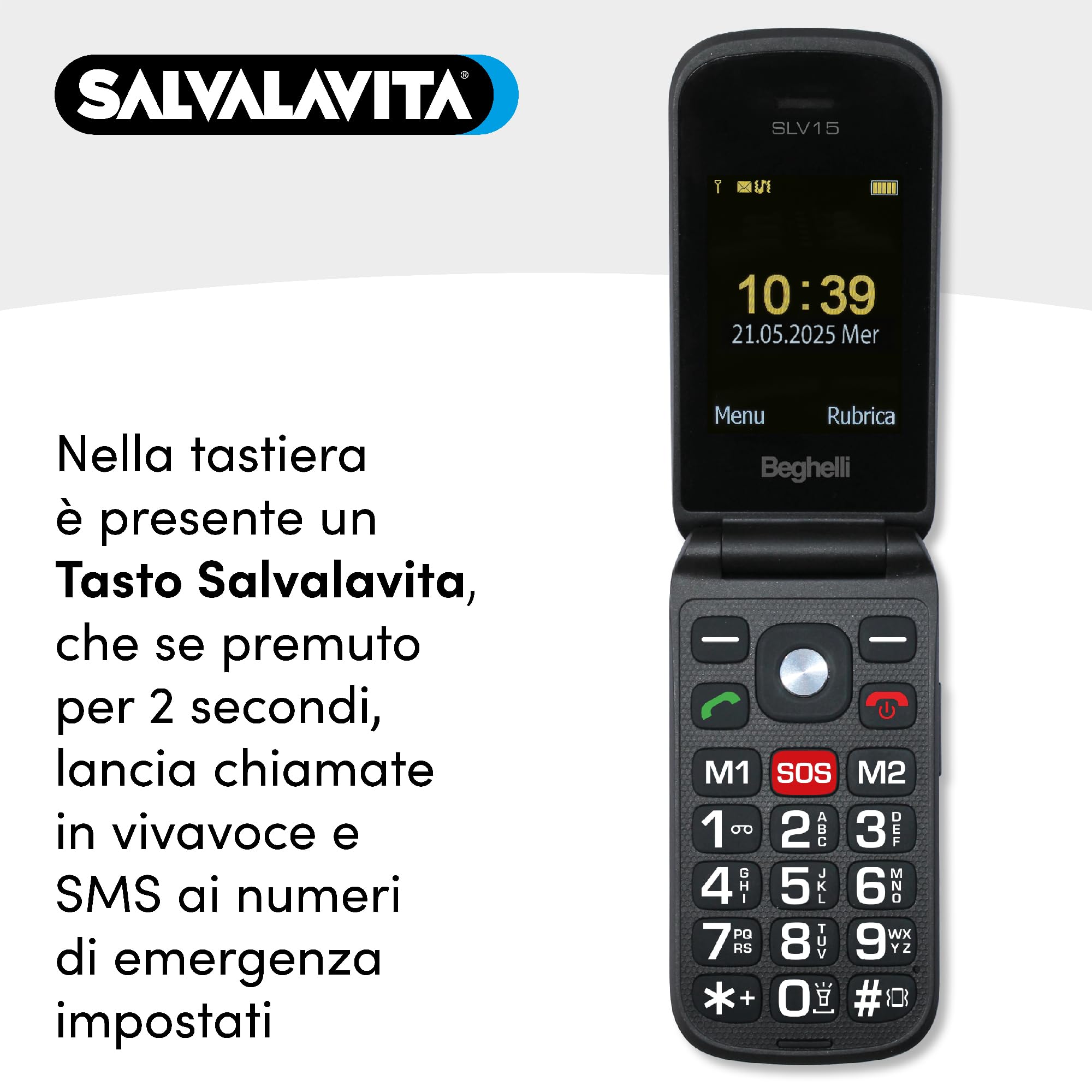 Beghelli Telefono Salvavita per Anziani, Salvalavita Phone SLV15N ECO - Cellulare GSM per Anziani con Tasto SOS, Tasti Grandi Retroilluminati, Blocco Chiamate Indesiderate, Fotocamera, Torcia (Nero)