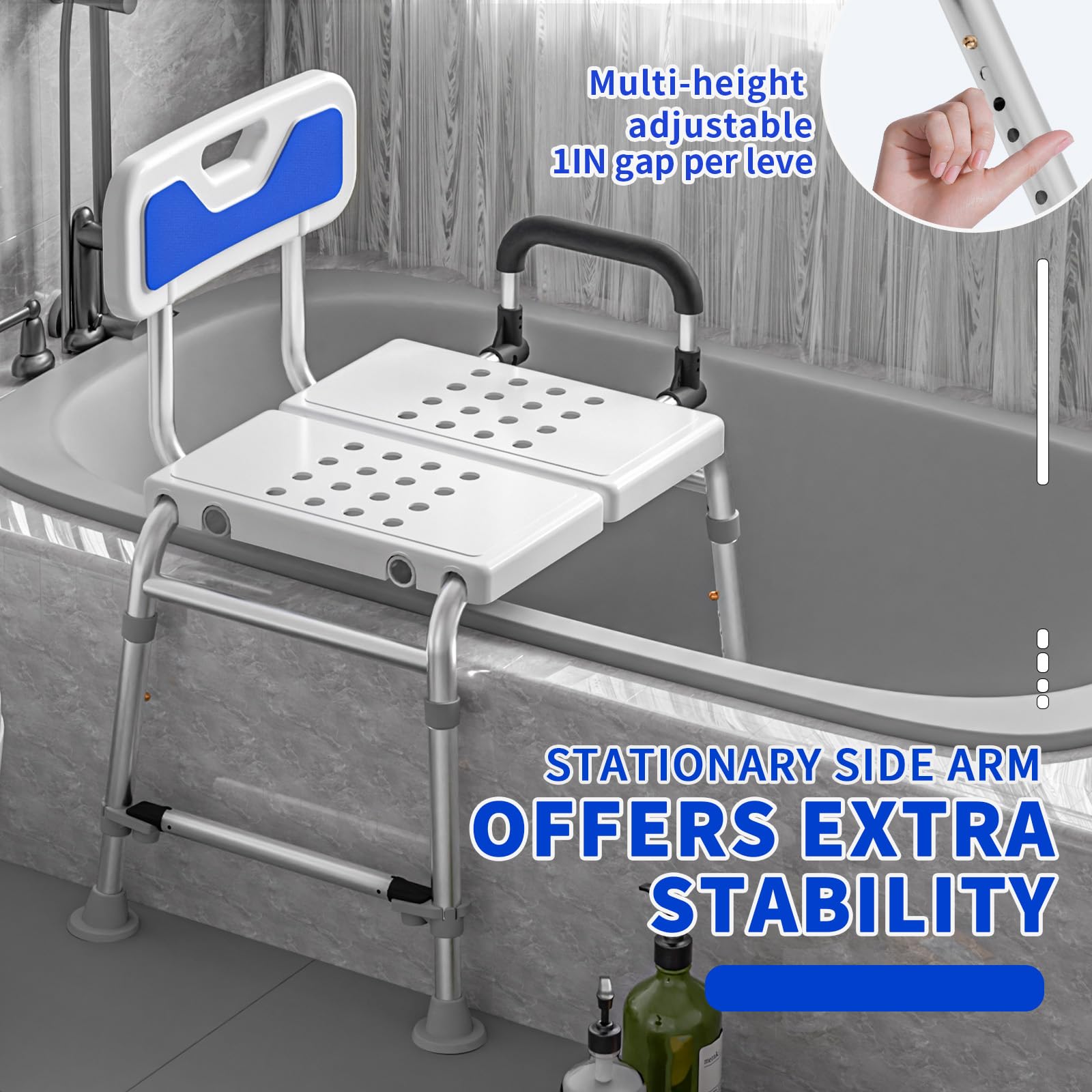 Heavy Duty Width Adjustable Bath Tub Transfer Shower Bench for Inside Tub Extended Shower Chair with Adjustable Height and Reversible Backrest Handicap Shower Chair Seat for Elderly and Disabled — view 5