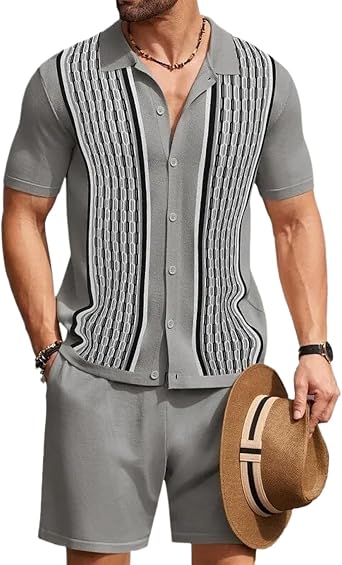 Summer Mens Knit Tracksuit Set Casual Short Sleeve Solid Color Shirts Shorts 2 Piece Knitwear Suit