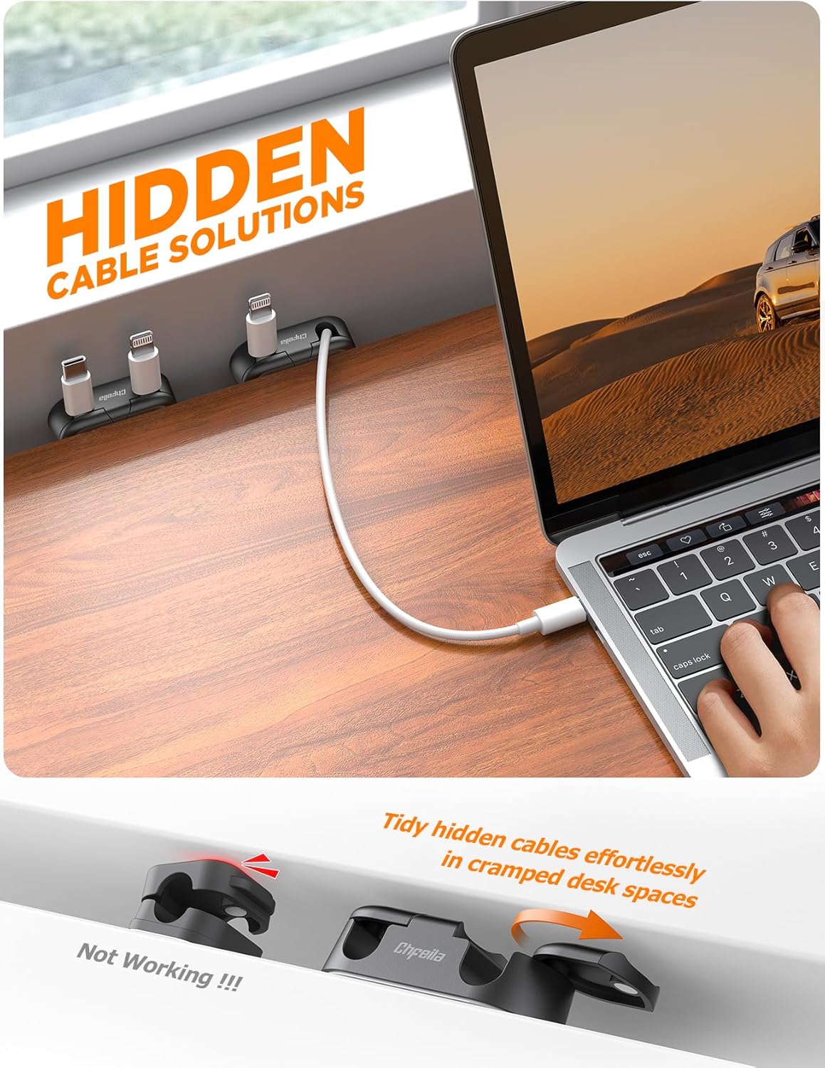 Magnetic Cable Clips - Chfeila 4Pack [Dual Slot] [360°Rotating & Twist-Lock] Cord Management, Adhesive Phone Charging Keeper, Wire Organizer Holder for Nightstand, Home Office Desk Accessories Decor - Image 3