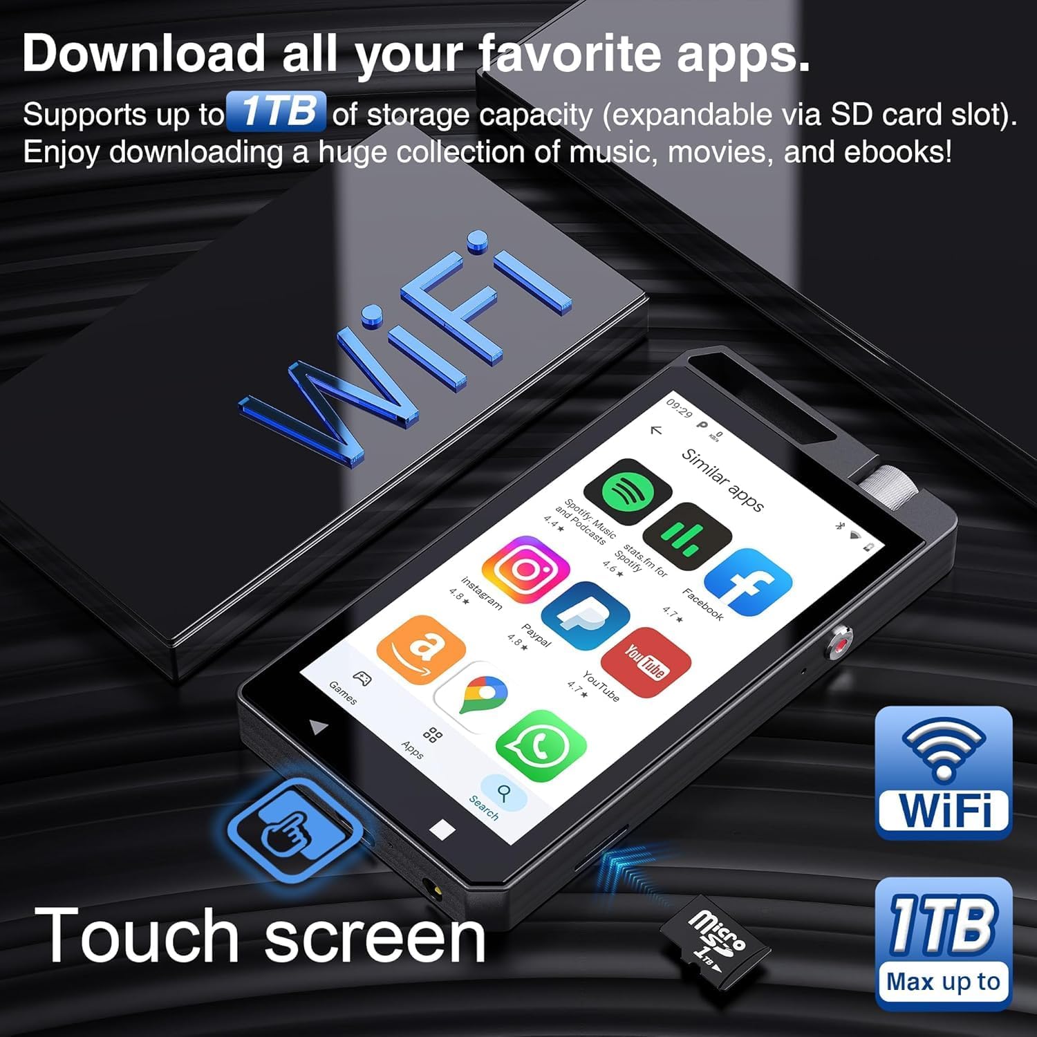 96GB MP3 Player with Bluetooth & WiFi, 4" HD Full Touch Screen MP4 Player (3GB RAM+32GB ROM), Supports Spotify, Amazon Music & YouTube, 1080P Video Without Conversion, Includes 64GB Card 4 71n4yiKnPmL. AC SL1500