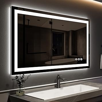 ROOMTEC 48 x 36 Inches LED Bathroom Mirror with Front and Backlit,Anti-Fog,3 Colors and Dimmable Light(Horizontal/Vertical), Silver
