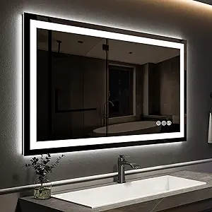 ROOMTEC 48 x 36 Inches LED Bathroom Mirror with Front and Backlit,Anti-Fog,3 Colors and Dimmable Light(Horizontal/Vertical), Silver