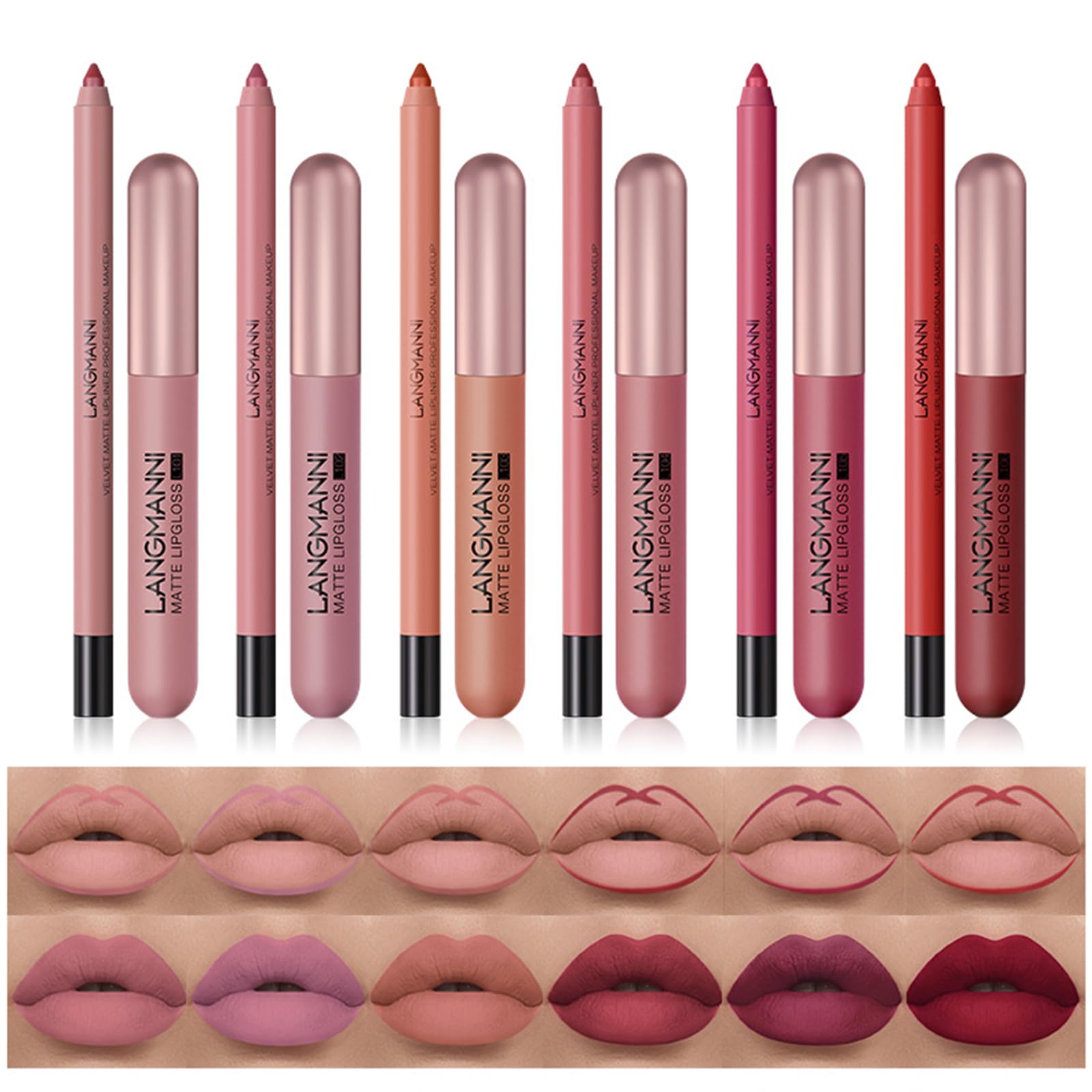 Conjunto de 12 pecas de brilho de lábios mate aveludado, Perfilador Labios Permanente, Impermeable delineadores de labios para mujeres, Juego De lip Liner Mate Para Deslizamiento Fácil