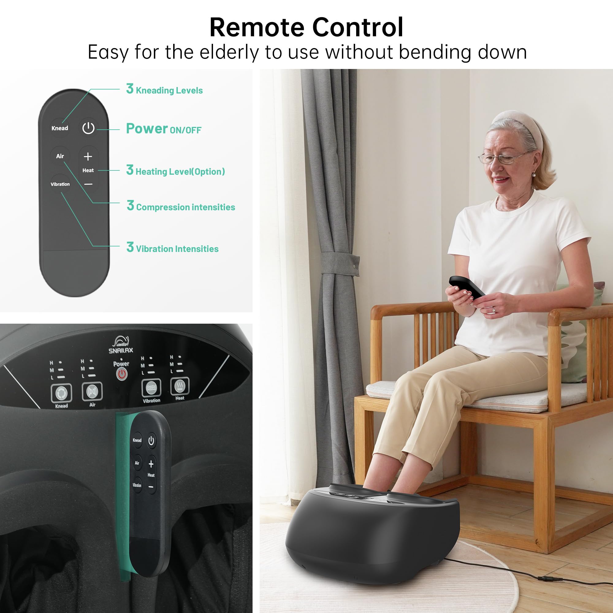 Snailax Masseur de Pieds Shiatsu, Appareil de Massage des Pieds Électrique avec Chaleur, Pétrissage, Compression et Vibration, Télécommande, Chauffe-Pieds, Taille jusqu'à 47, Cadeau Homme et Femme