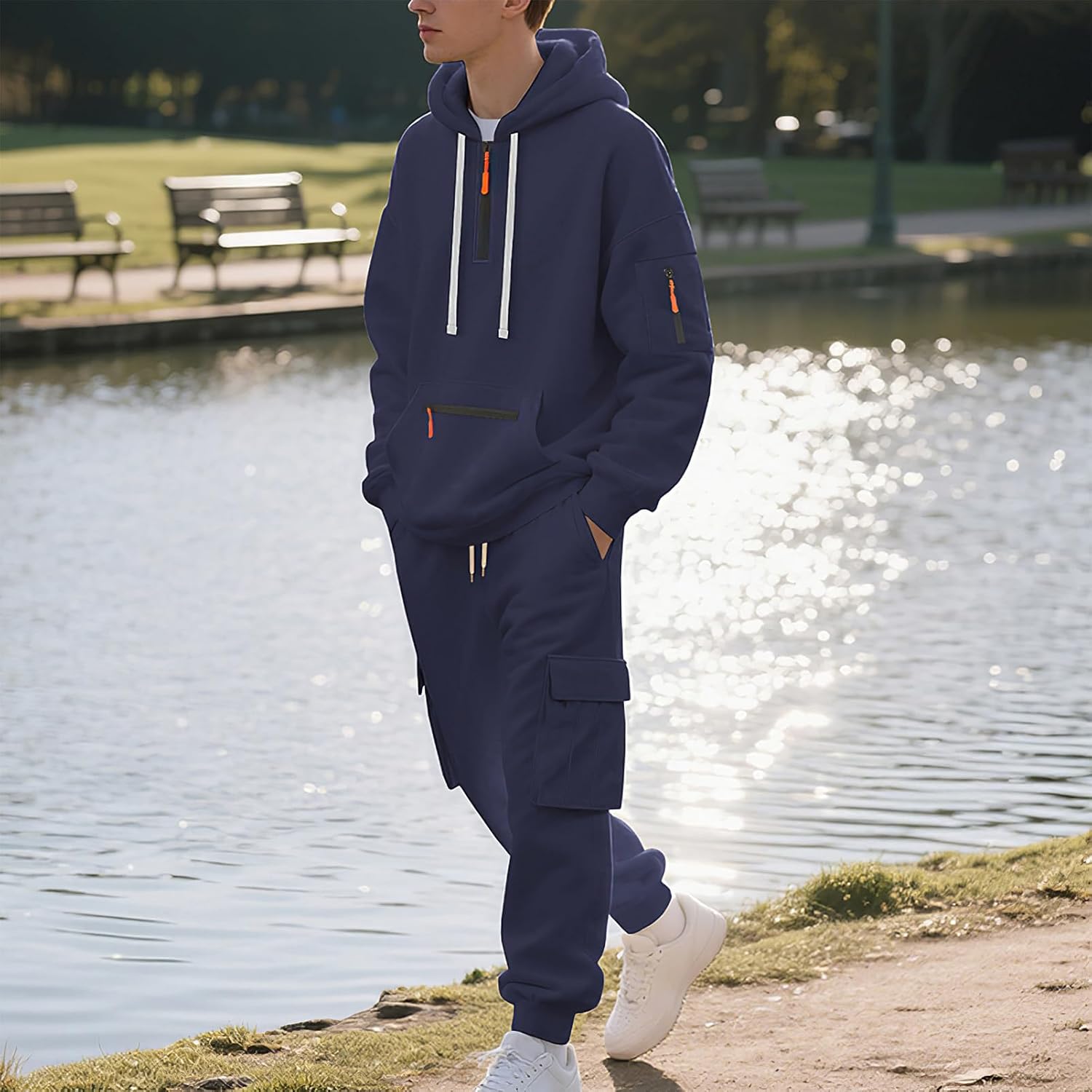 amropi Men's Cargo Tracksuit Hooded 1/4 Zipper Sweatshirt Top and Jogging Pants Set Sportwear
