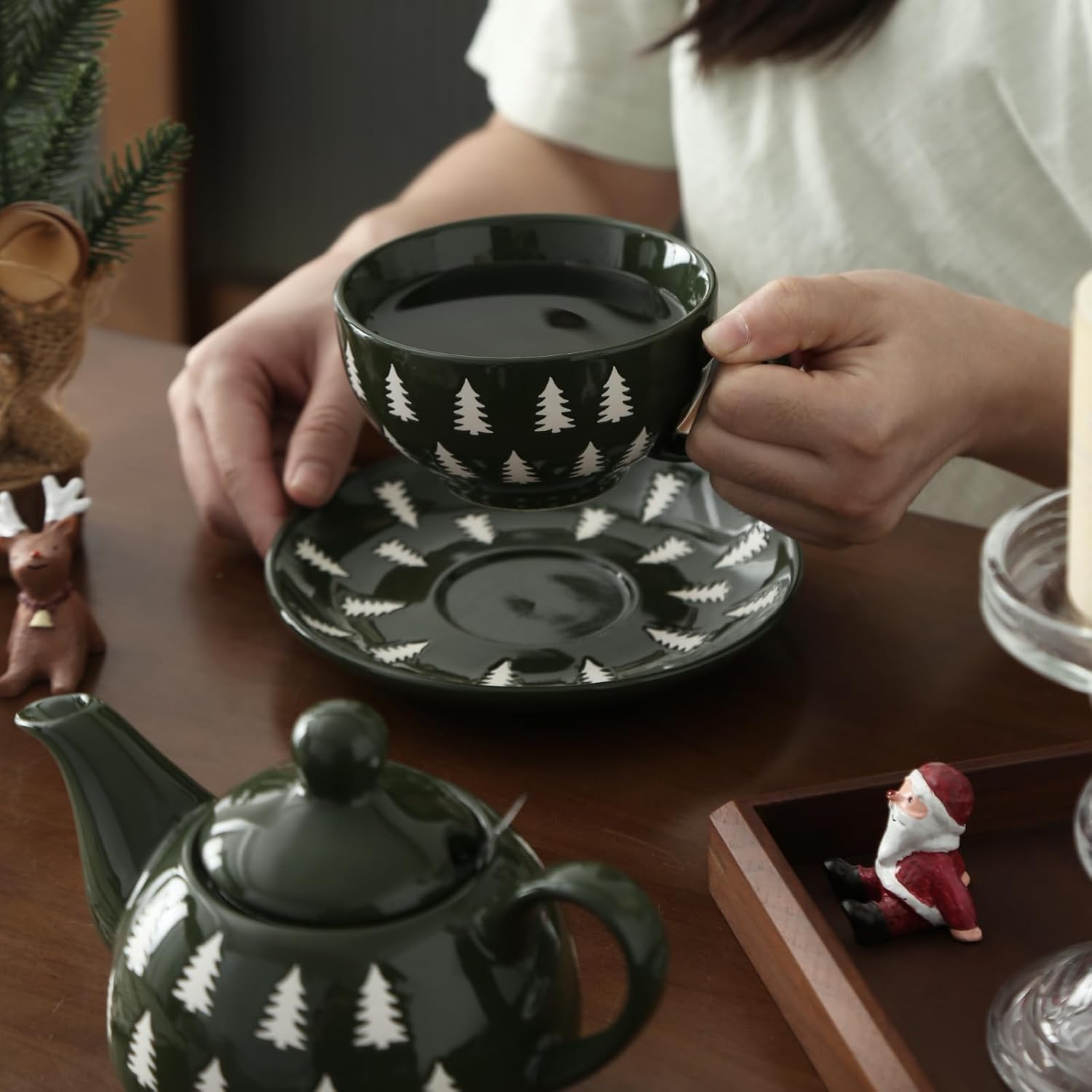 Classic Christmas tree Tea for One Set, Handcrafted Teapot and Cup, Parian China Ceramic Tea Set, Microwave Safe (Christmas Tree Tea For One Set)