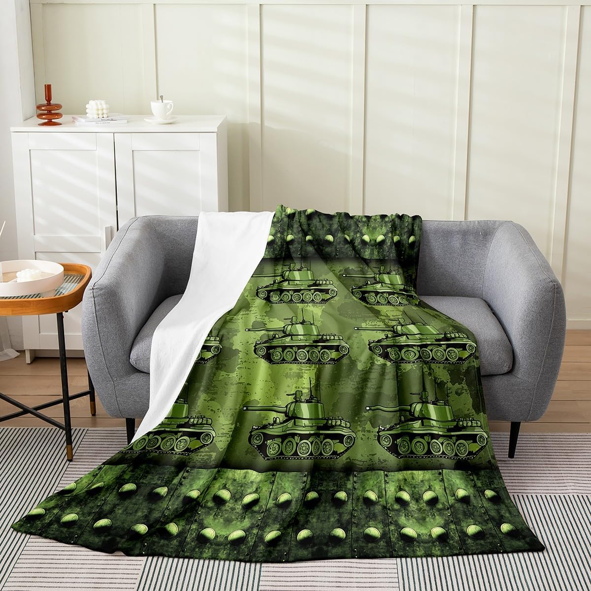 Feelyou Army Tank Fleece Throw Blanket,All Season War Theme Bed Blanket Military Theme Fuzzy Blanket for Bed Sofa Couch,Bedroom Decor Retro Green Camouflage Print Plush Blanket Throw 50"x60"