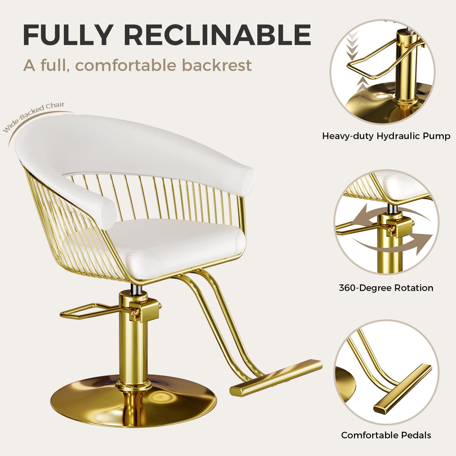 Sillón de Peluquería, Silla de Peluquero con Altura Regulable Barber 360° para Salón de Peluquería a Domicilio, Salón de Belleza, Blanco