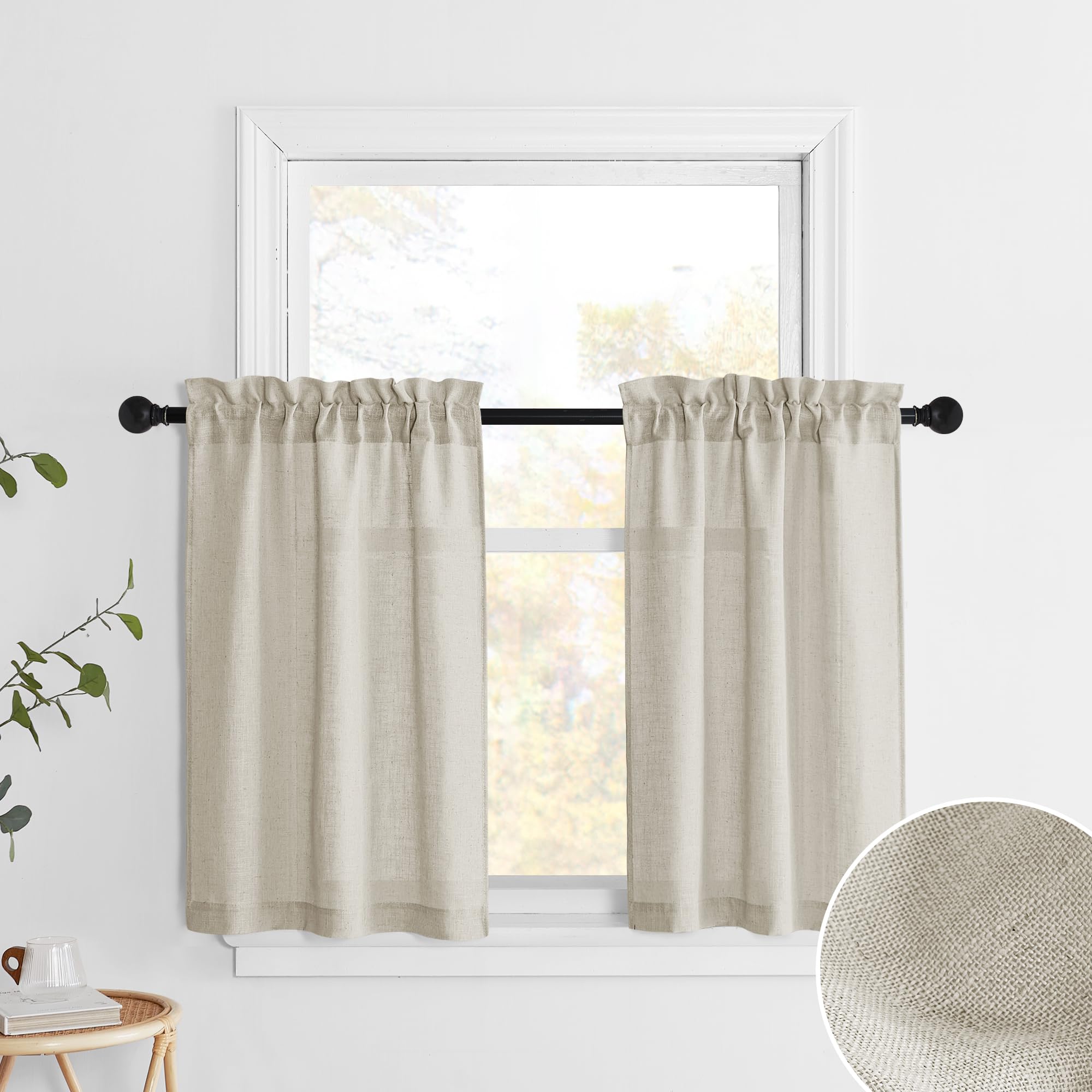 Pony Dance Angora Small Linen Curtains for Basement 30 Inch Length, Farmhouse Rod Pocket Light Filtering Semi Sheer Short Bathroom Curtain for Half