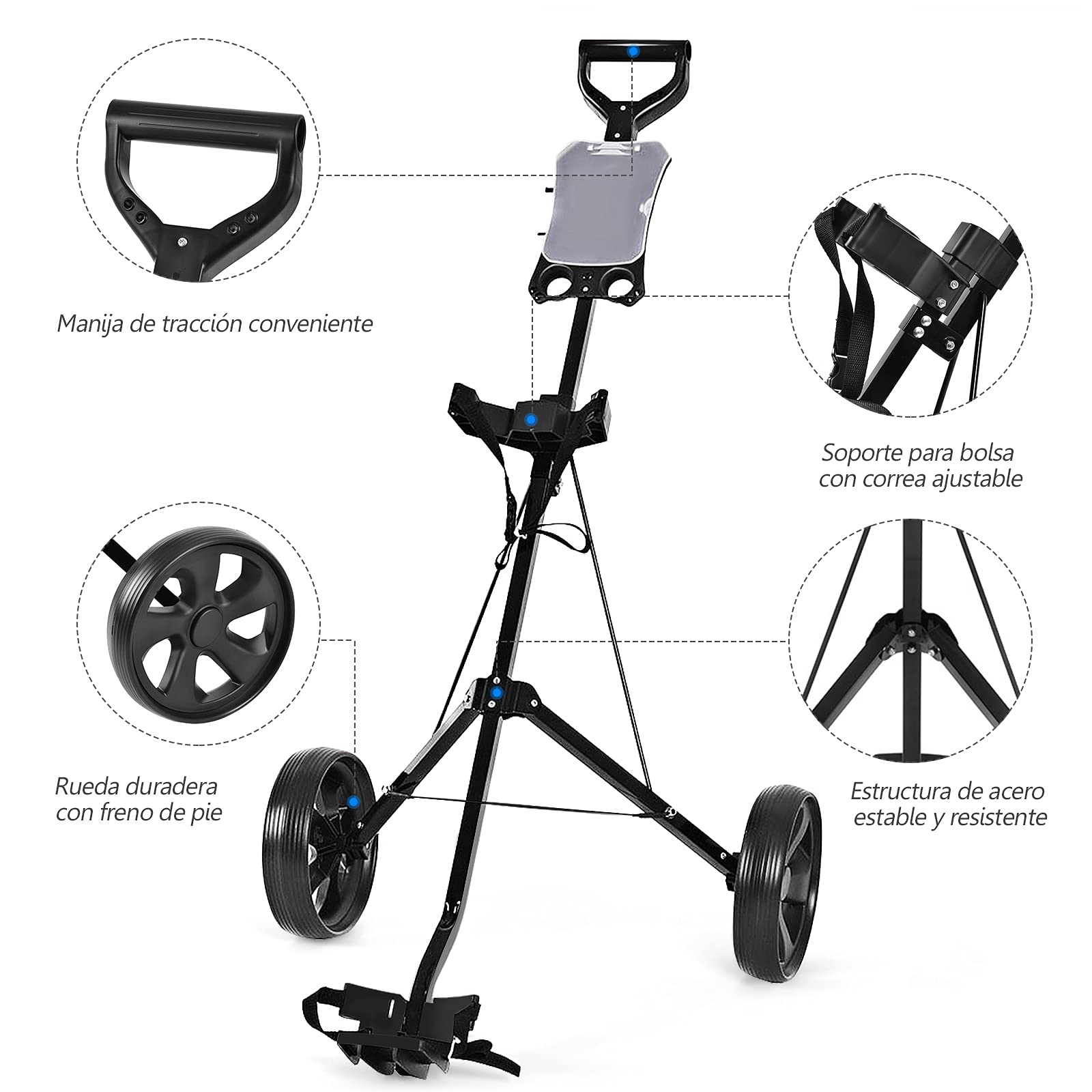 COSTWAY Carrito de Golf Plegable con 2 Ruedas, Estructura de Metal, Negro