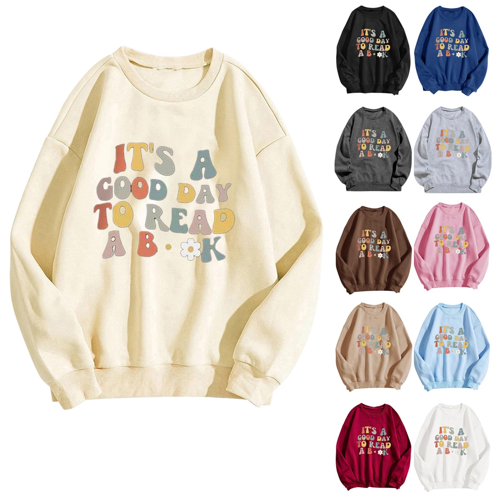 JUSLIO Women's Long Sleeve Sweatshirt Casual Crewneck Loose Fit Pollover Hoodie Funny Letter Print Fall Tops for Girls